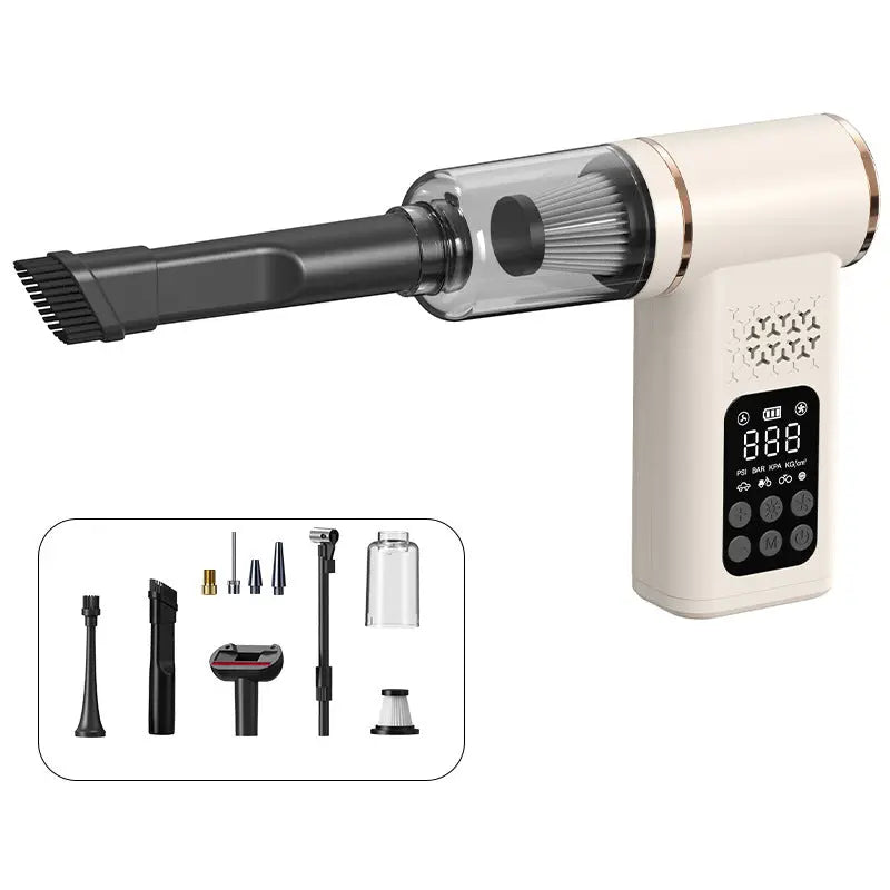 Beige 4-in-1 Car Vacuum Cleaner and Tyre Inflator Portable Cordless Air Pump with LED Light and Digital Pressure Gauge Wholesale Hub