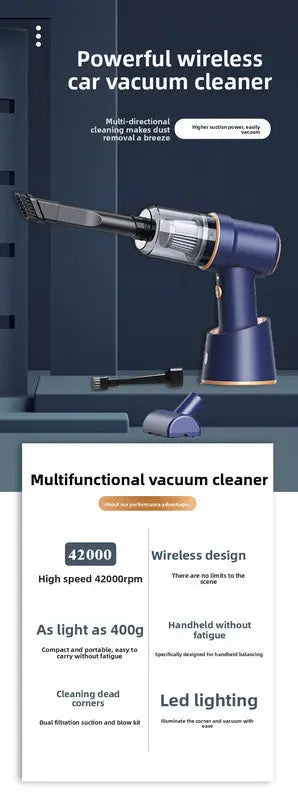 Cordless Handheld Car Vacuum Cleaner 2-in-1 Air Duster Blower 120W High Power Portable Mini Detailer for Auto Home Office Morant Blue Wholesale Hub