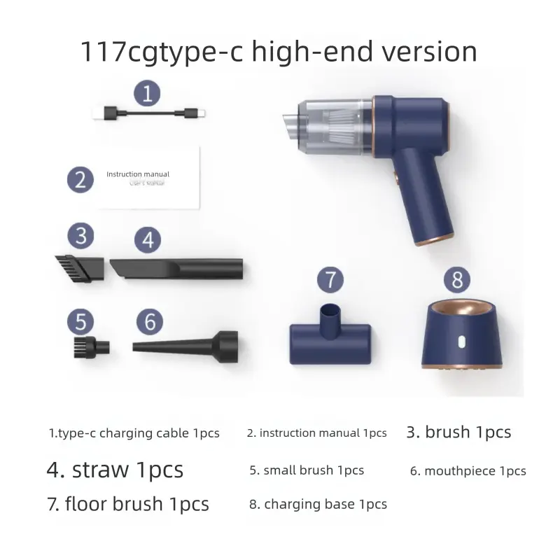 2-in-1 Cordless Handheld Car Vacuum Cleaner 120W High Power Suction and Blower Portable Mini Duster for Auto and Home Blue Wholesale Hub