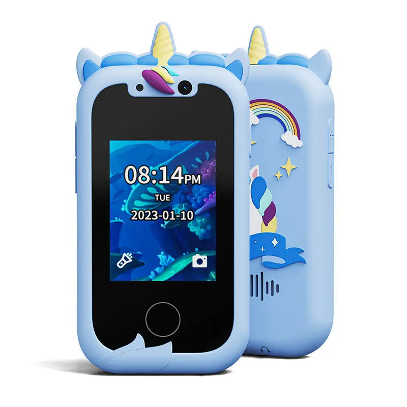 Kids Unicorn Smart Phone Toy with Dual Camera and IPS Touch Screen Educational Games MP3 Music Player 512MB Card Included Blue Silicone Case Ideal for Girls Gift Wholesale Hub
