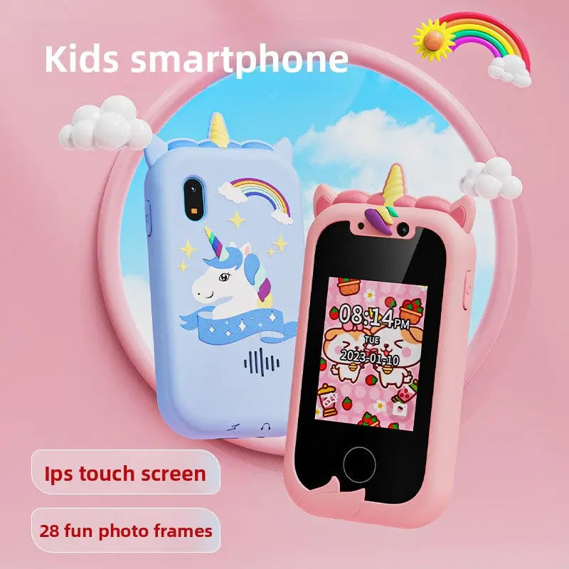 Kids Unicorn Smart Phone Toy with Dual Camera and IPS Touch Screen Educational Games MP3 Music Player 512MB Card Included Blue Silicone Case Ideal for Girls Gift Wholesale Hub