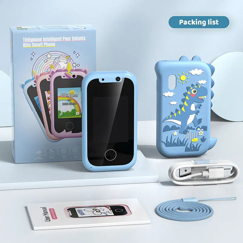 Kids Smart Phone Toy with Dual Camera and IPS Touch Screen Blue Dinosaur Silicone Case Educational Games MP3 Music Player 512MB Card Included Ideal Gift for Boys Wholesale Hub