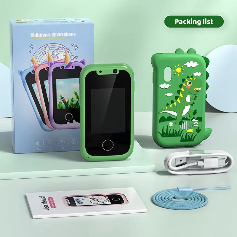 Kids Smart Phone Toy with Dual Camera and IPS Touch Screen Green Dinosaur Silicone Case Educational Games MP3 Music Player 512MB Card Included Ideal Gift for Boys Wholesale Hub