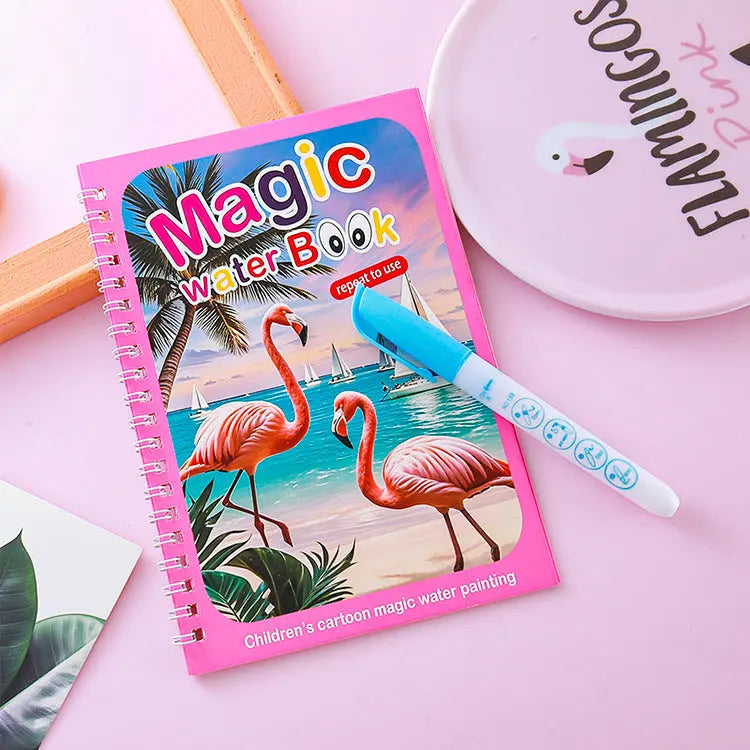 2 PCS Magic Water Colouring Book Reusable Mess Free Painting Set Dinosaur and Flamingo Themes with Refillable Water Pens for Kids Travel Activity and Educational Art Wholesale Hub