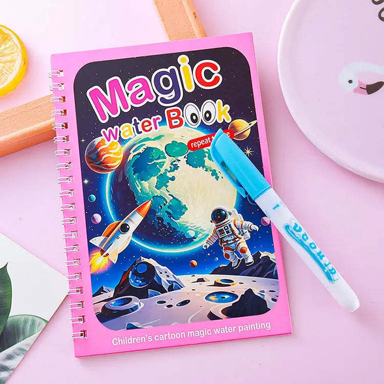 2 PCS Magic Water Colouring Book Reusable Mess Free Painting Set Space Astronaut and Cartoon Puppy Themes with Refillable Water Pens for Kids Travel Activity Wholesale Hub