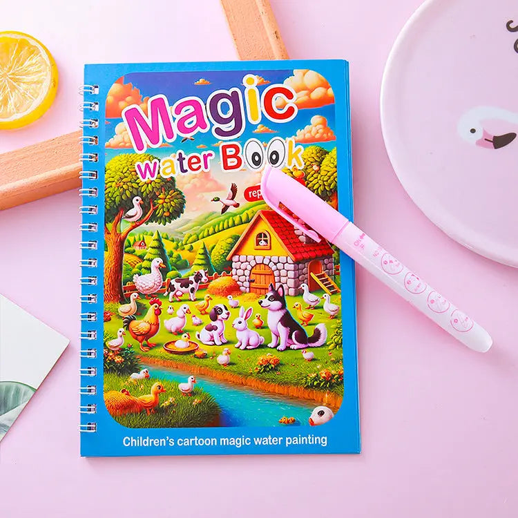 2 PCS Magic Water Colouring Book Reusable Mess Free Painting Set Animal Farm and Fairy Princess Themes with Refillable Water Pens for Kids Travel Activity Wholesale Hub