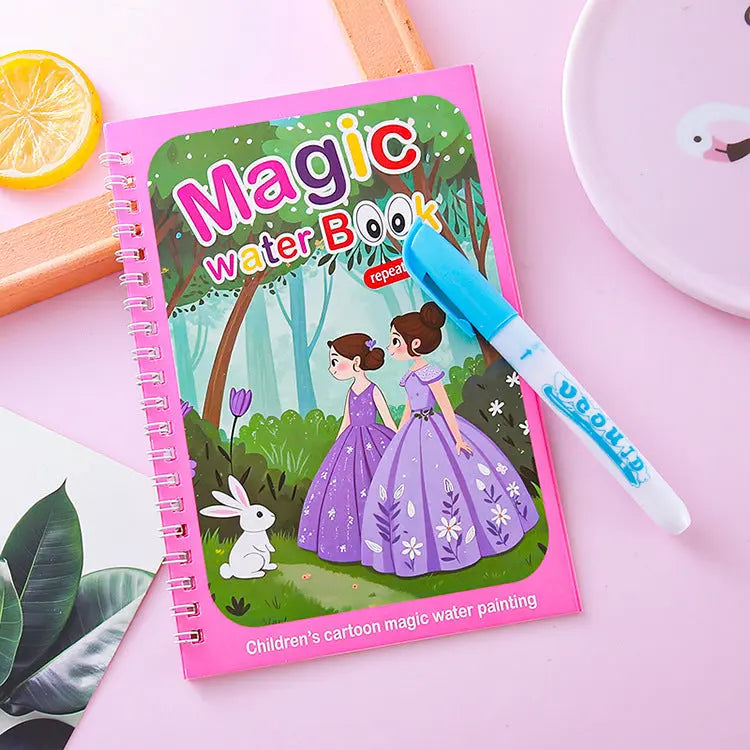 2 PCS Magic Water Colouring Book Reusable Mess Free Painting Set Animal Farm and Fairy Princess Themes with Refillable Water Pens for Kids Travel Activity Wholesale Hub