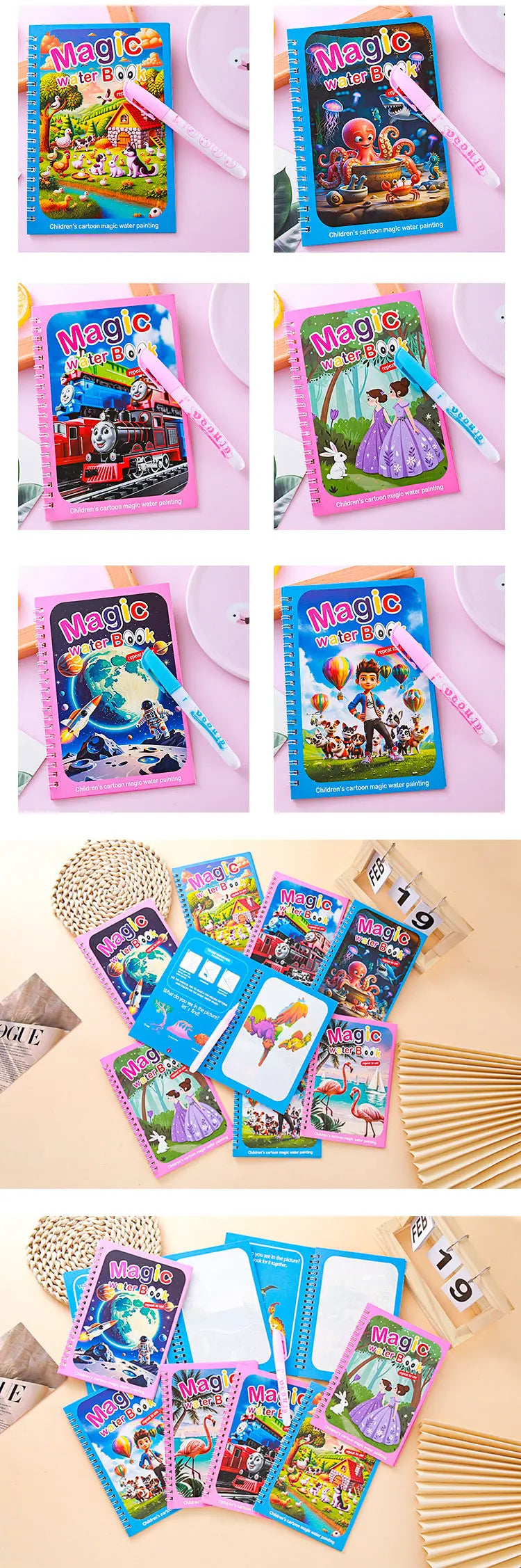 2 PCS Magic Water Colouring Book Reusable Mess Free Painting Set Animal Farm and Fairy Princess Themes with Refillable Water Pens for Kids Travel Activity Wholesale Hub