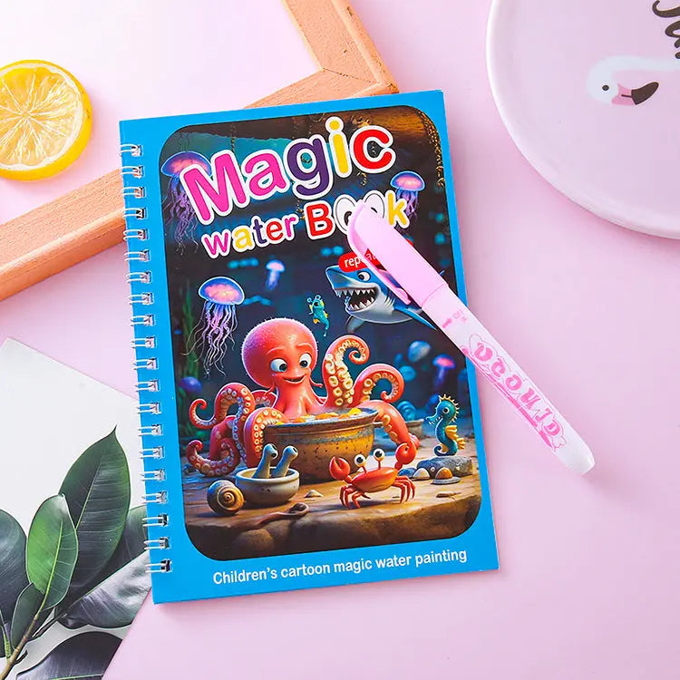2 PCS Magic Water Colouring Book Reusable Mess Free Painting Set Underwater Ocean and Train Themes with Refillable Water Pens for Kids Travel Activity Wholesale Hub