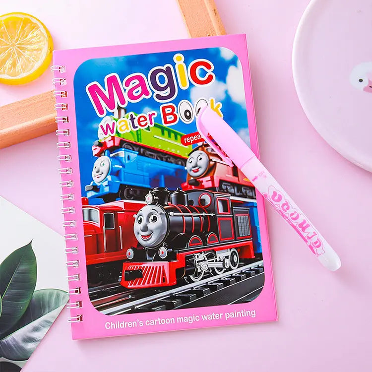 2 PCS Magic Water Colouring Book Reusable Mess Free Painting Set Underwater Ocean and Train Themes with Refillable Water Pens for Kids Travel Activity Wholesale Hub