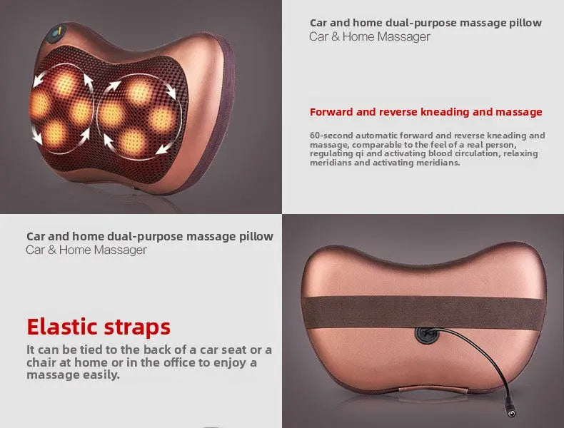 Cordless Rechargeable Shiatsu Massage Pillow - 8 Node Dual Button Neck & Back Massager with Heat - Wireless Deep Kneading Cushion for Car Home & Travel - Brown Wholesale Hub
