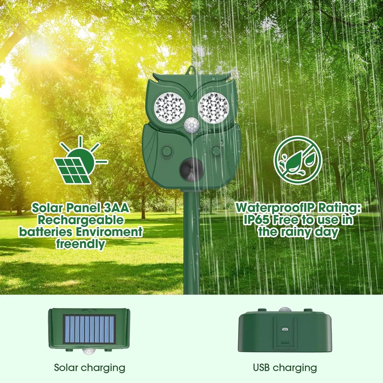 Solar Ultrasonic Animal Repeller - Owl Design with 14 LED Flashing Lights - Outdoor Motion Sensor Deterrent for Birds, Cats, Dogs & Rodents - 5 Adjustable Modes with USB Charging Wholesale Hub