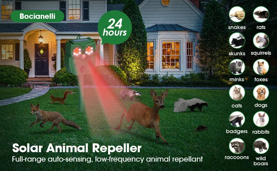 Solar Ultrasonic Animal Repeller - Owl Design with 14 LED Flashing Lights - Outdoor Motion Sensor Deterrent for Birds, Cats, Dogs & Rodents - 5 Adjustable Modes with USB Charging Wholesale Hub