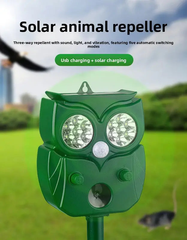Solar Ultrasonic Animal Repeller - Owl Design with 14 LED Flashing Lights - Outdoor Motion Sensor Deterrent for Birds, Cats, Dogs & Rodents - 5 Adjustable Modes with USB Charging Wholesale Hub