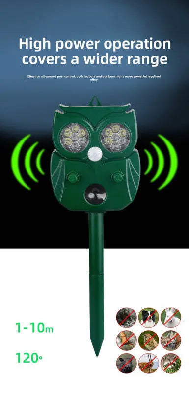 Solar Ultrasonic Animal Repeller - Owl Design with 14 LED Flashing Lights - Outdoor Motion Sensor Deterrent for Birds, Cats, Dogs & Rodents - 5 Adjustable Modes with USB Charging Wholesale Hub