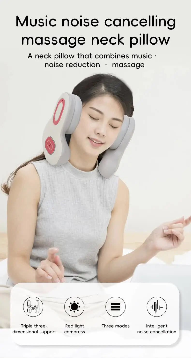 Smart 4-in-1 Travel Neck Pillow with ANC Headphones - Heated Vibration Massage & Bluetooth Audio - Memory Foam Support for Planes & Home - Beige Wholesale Hub