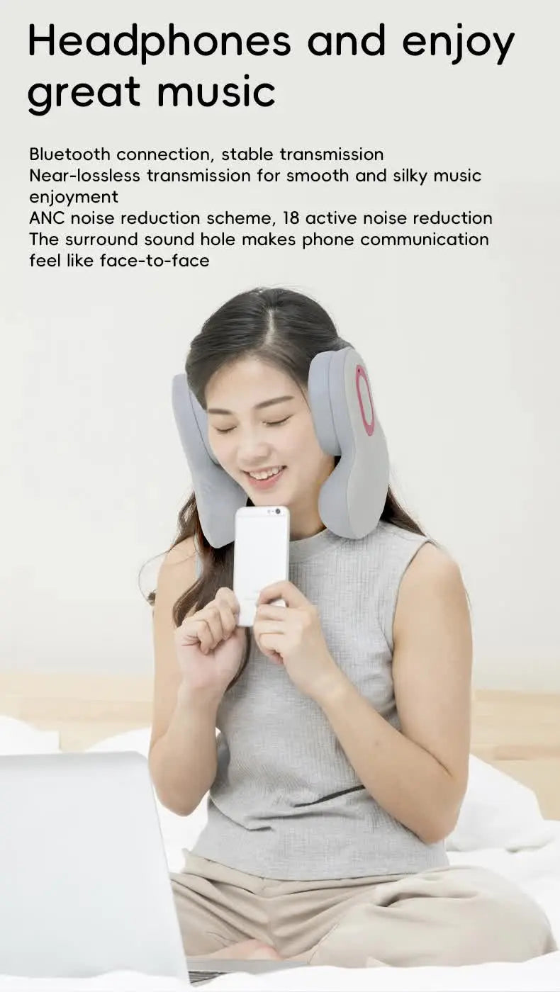 Smart 4-in-1 Travel Neck Pillow with ANC Headphones - Heated Vibration Massage & Bluetooth Audio - Memory Foam Support for Planes & Home - Beige Wholesale Hub
