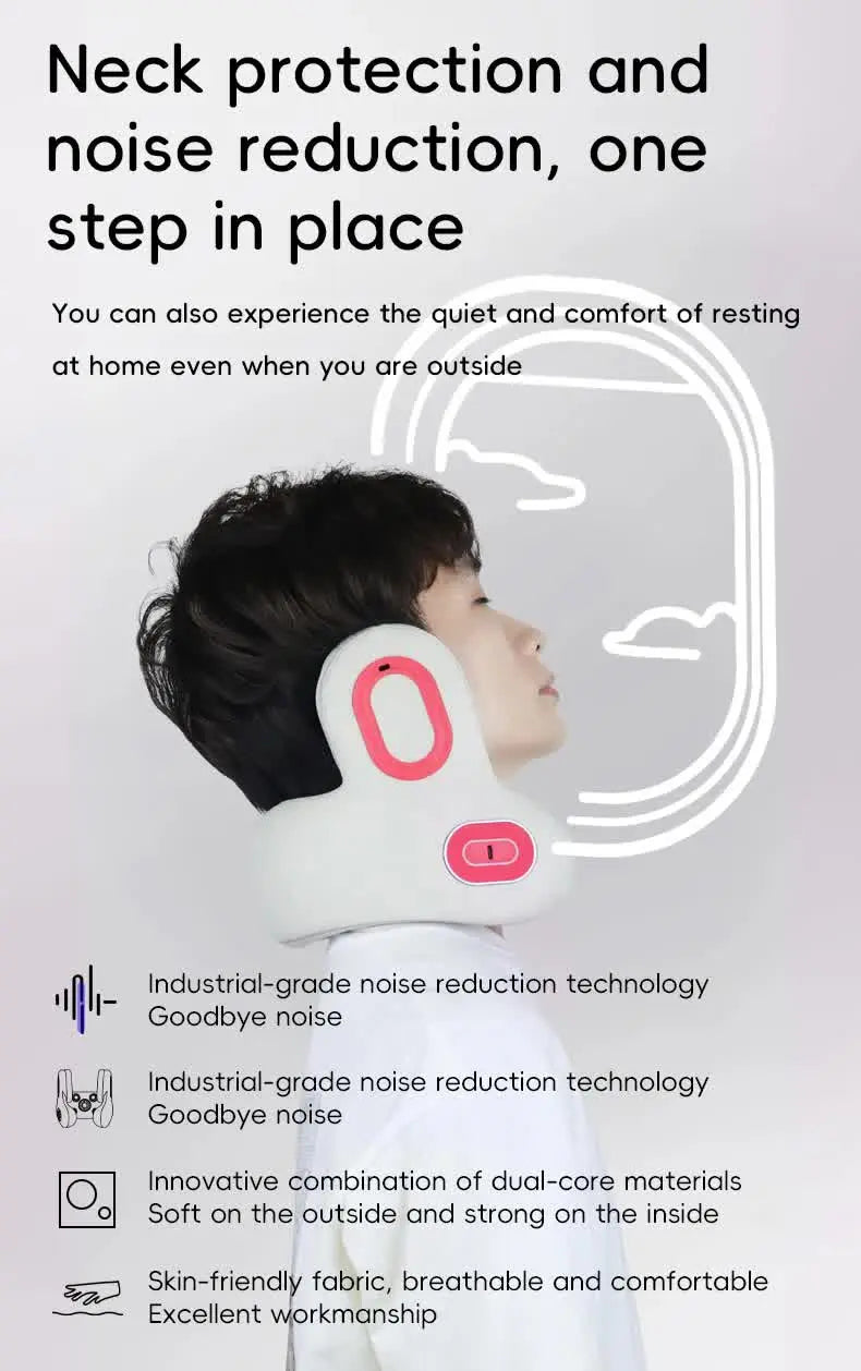 Smart 4-in-1 Travel Neck Pillow with ANC Headphones - Heated Vibration Massage & Bluetooth Audio - Memory Foam Support for Planes & Home - Beige Wholesale Hub