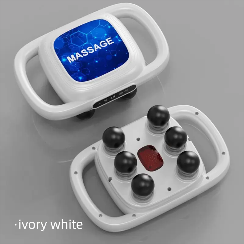 6-Head Deep Tissue Percussion Massager - Cordless Electric Muscle Gun with Red Light Therapy - 9 Speed Dual Handle Body Relaxer for Back & Legs - Ivory White Wholesale Hub
