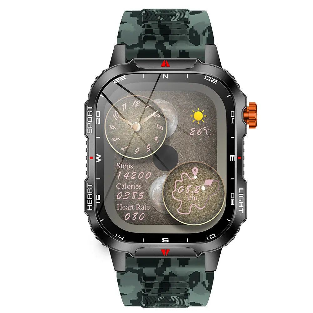 Rugged Outdoor Smart Watch for Men - 1100mAh Extra Long Battery with LED Flashlight & Compass - 2.01" HD Screen Bluetooth Calling IP68 Waterproof Fitness Tracker - Camouflage Color Wholesale Hub