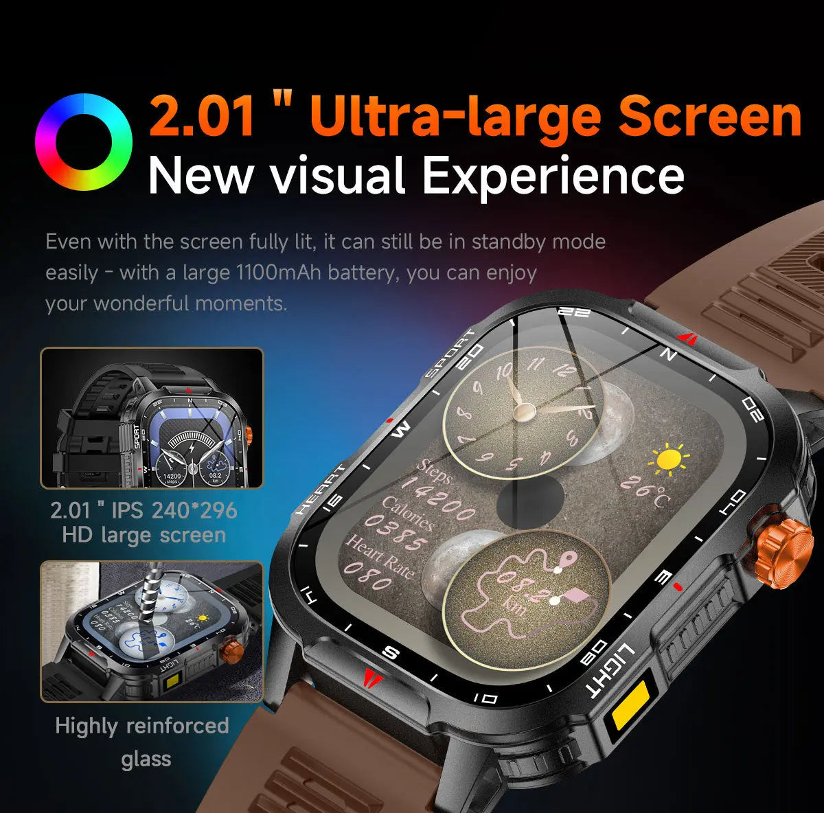 Rugged Outdoor Smart Watch for Men - 1100mAh Extra Long Battery with LED Flashlight & Compass - 2.01" HD Screen Bluetooth Calling IP68 Waterproof Fitness Tracker - Camouflage Color Wholesale Hub