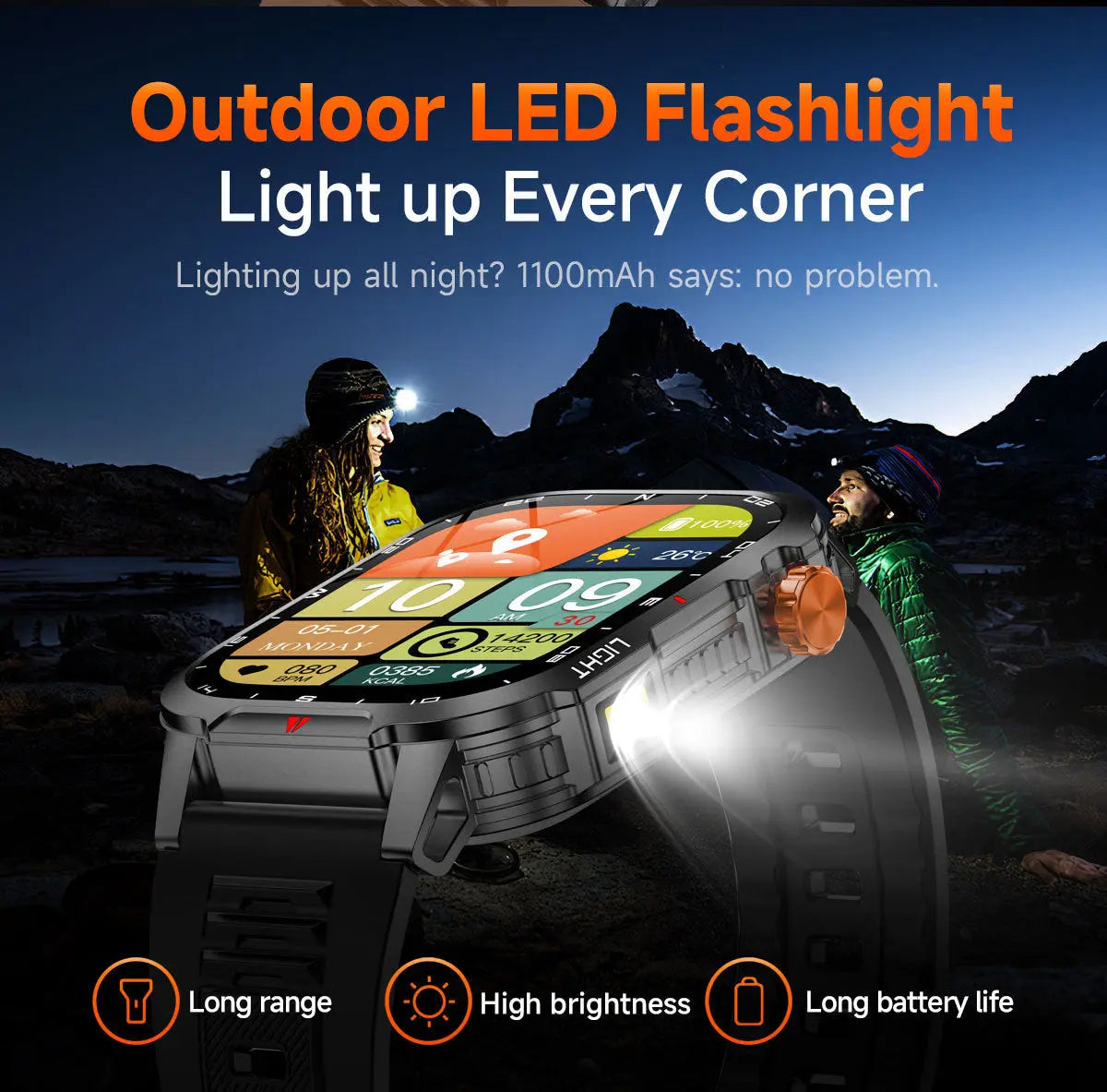 Rugged Outdoor Smart Watch for Men - 1100mAh Extra Long Battery with LED Flashlight & Compass - 2.01" HD Screen Bluetooth Calling IP68 Waterproof Fitness Tracker - Camouflage Color Wholesale Hub