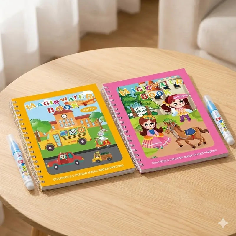 2 PCS Magic Water Colouring Book Traffic & Princess Themes Reusable Painting Activity Set Mess Free Travel Toy for Kids Wholesale Hub