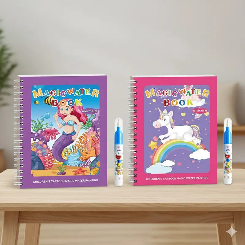 2 PCS Magic Water Colouring Book Mermaid & Unicorn Themes Reusable Painting Activity Set Mess Free Travel Toy for Kids Wholesale Hub