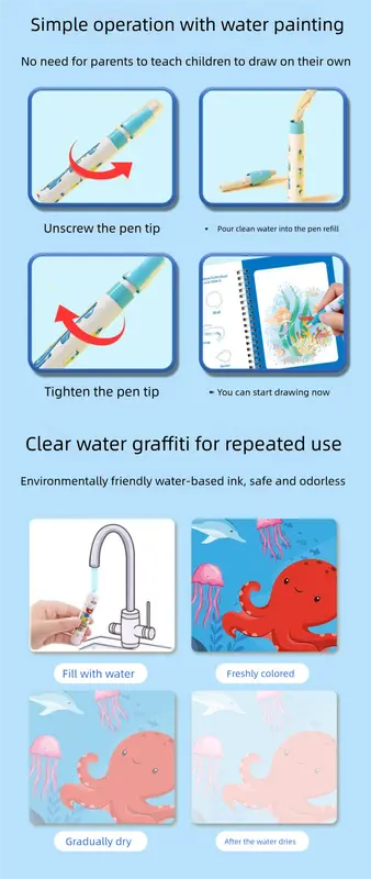 2 PCS Magic Water Colouring Book Animals & Sea World Themes Reusable Painting Activity Set Mess Free Travel Toy for Kids Wholesale Hub