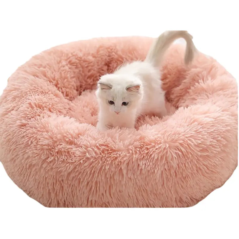 Pink Cozy Donut Long Plush Cat & Dog Calming Bed(Diameter 50cm) - Double-Layer PP Cotton Filling Warming Pet Bed with Anti-Slip Base & Free Blanket Wholesale Hub