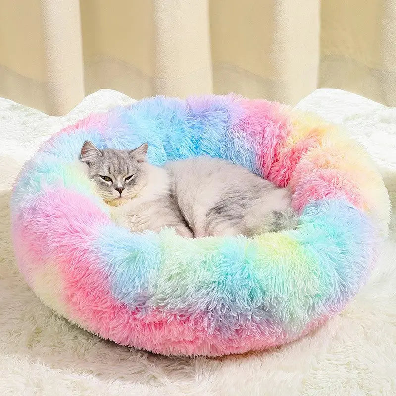 Rainbow Colors Cozy Donut Long Plush Cat & Dog Calming Bed(Diameter 50cm) - Double-Layer PP Cotton Filling Warming Pet Bed with Anti-Slip Base & Free Blanket Wholesale Hub