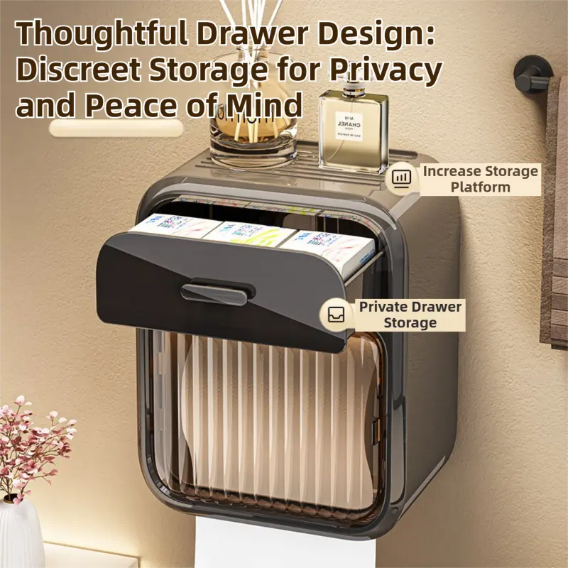 Latte No-Drill Wall Mounted Toilet Paper Holder with Storage Shelf and Drawer - Waterproof Bathroom Tissue Dispenser for Roll & Face Tissue Wholesale Hub
