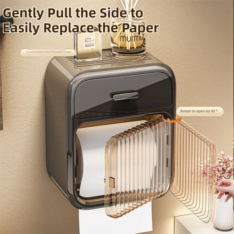 Black No-Drill Wall Mounted Toilet Paper Holder with Storage Shelf and Drawer - Waterproof Bathroom Tissue Dispenser for Roll & Face Tissue Wholesale Hub