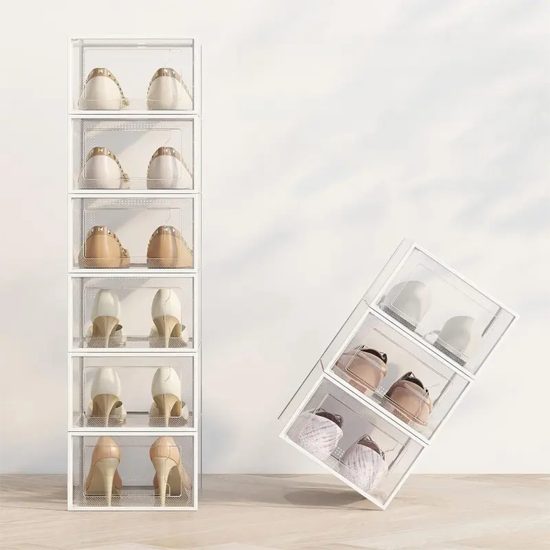 2-Pack White Clear Stackable Shoe Storage Organizer Boxes - Durable Plastic Sneaker Display and Closet Storage Containers with Magnetic Drop Front Wholesale Hub