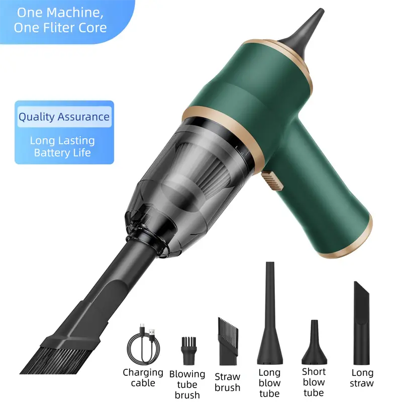 4-in1 Green Wireless Compact Handheld Car Vacuum Cleaner & Air Duster with 5 Nozzles/Brushes- 5300 Pa High Power Blower/Suction Tool for Auto, Home & Office Wholesale Hub
