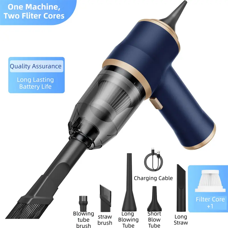 4-in1 Blue Wireless Compact Handheld Car Vacuum Cleaner & Air Duster with 5 Nozzles/Brushes- 15000 Pa Ultra-Powerful Blower/Suction Tool for Auto, Home & Office Wholesale Hub