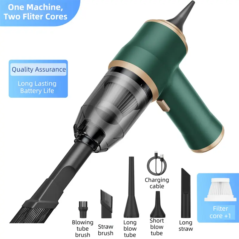 4-in1 Green Wireless Compact Handheld Car Vacuum Cleaner & Air Duster with 5 Nozzles/Brushes- 15000 Pa Ultra-Powerful Blower/Suction Tool for Auto, Home & Office Wholesale Hub