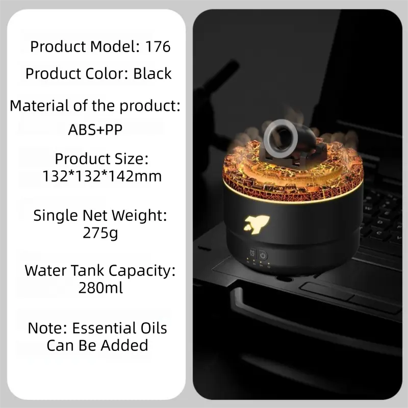 176 Black Simulation Turret Diffuser & Humidifier - Smart Timer Ultrasonic Mister with Volcano Lava Crack Shell and Colorful Light Wholesale Hub