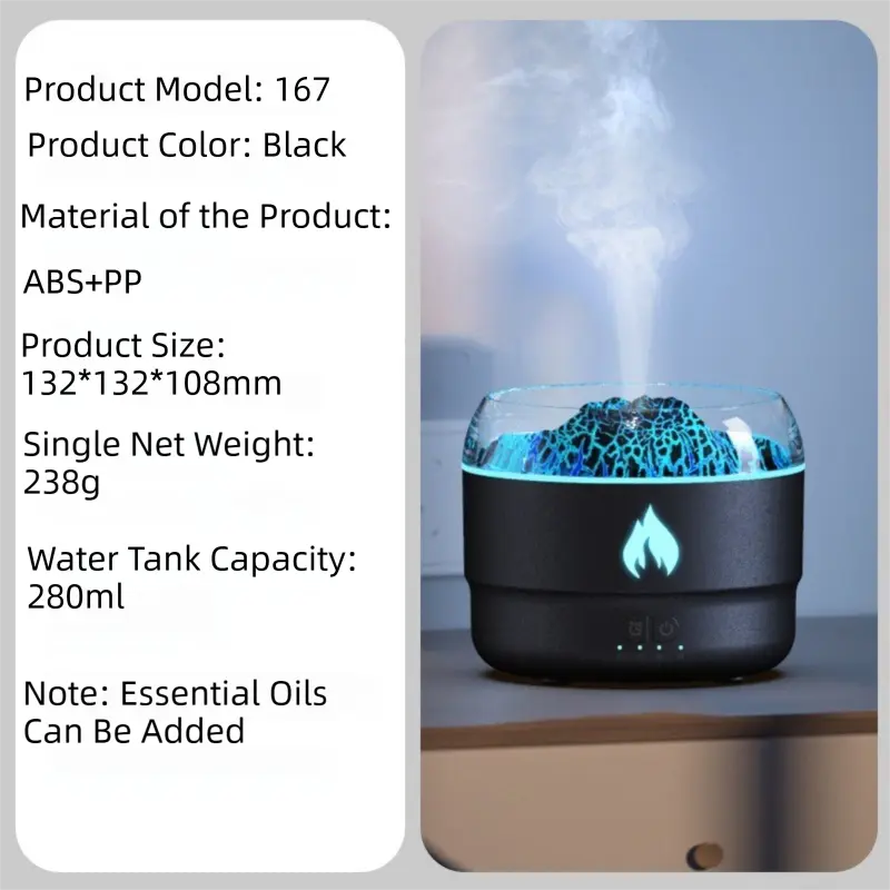 167 Black Simulation Volcano Diffuser & Humidifier - Smart Timer Ultrasonic Mister with Volcano Lava Crack Shell and Colorful Light Wholesale Hub