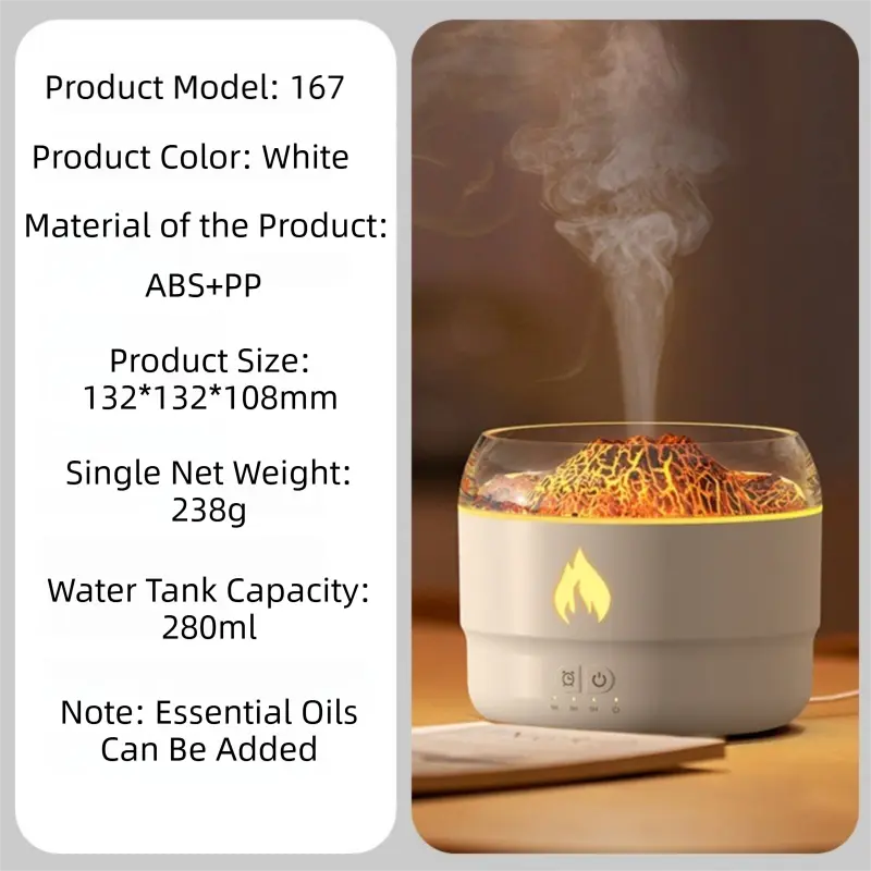 167 White Simulation Volcano Diffuser & Humidifier - Smart Timer Ultrasonic Mister with Volcano Lava Crack Shell and Colorful Light Wholesale Hub
