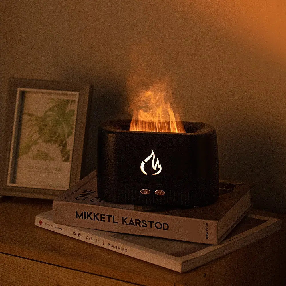 Black 3D Simulation Flame Aroma Diffuser & Humidifier - Ultrasonic Desktop Mister with 7-Color LED Light and Automatic Scent Spray (200ML) Wholesale Hub