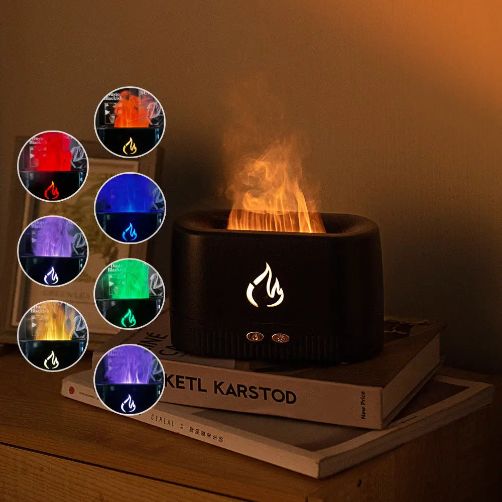 Black 3D Simulation Flame Aroma Diffuser & Humidifier - Ultrasonic Desktop Mister with 7-Color LED Light and Automatic Scent Spray (200ML) Wholesale Hub