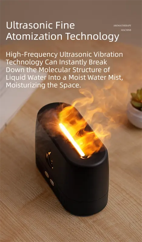 Black 3D Simulation Flame Aroma Diffuser & Humidifier - Ultrasonic Desktop Mister with 7-Color LED Light and Automatic Scent Spray (200ML) Wholesale Hub