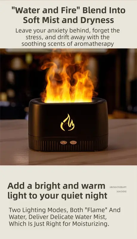 Black 3D Simulation Flame Aroma Diffuser & Humidifier - Ultrasonic Desktop Mister with 7-Color LED Light and Automatic Scent Spray (200ML) Wholesale Hub