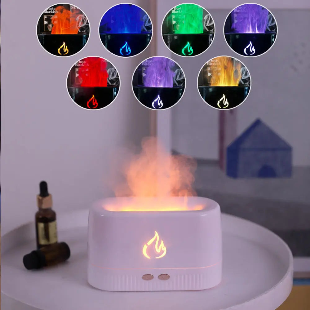 White 3D Simulation Flame Aroma Diffuser & Humidifier - Ultrasonic Desktop Mister with 7-Color LED Light and Automatic Scent Spray (200ML) Wholesale Hub