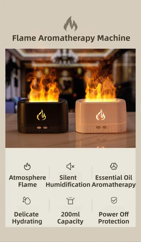 White 3D Simulation Flame Aroma Diffuser & Humidifier - Ultrasonic Desktop Mister with 7-Color LED Light and Automatic Scent Spray (200ML) Wholesale Hub