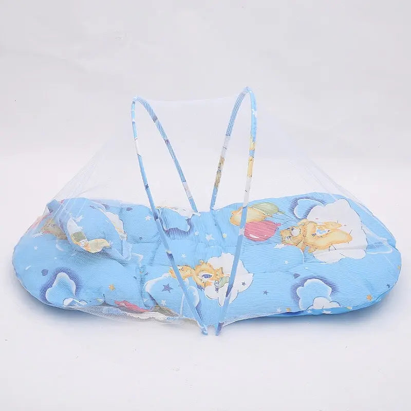 Blue Portable 3-in-1 Mosquito Net Set with Soft Sleep Pad & Pillow - Foldable Pop-Up Travel Bassinet for Infants, Breathable Shield for Indoor & Outdoor Use Wholesale Hub