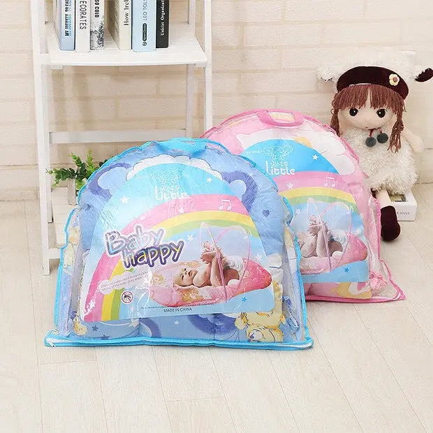 Blue Portable 3-in-1 Mosquito Net Set with Soft Sleep Pad & Pillow - Foldable Pop-Up Travel Bassinet for Infants, Breathable Shield for Indoor & Outdoor Use Wholesale Hub
