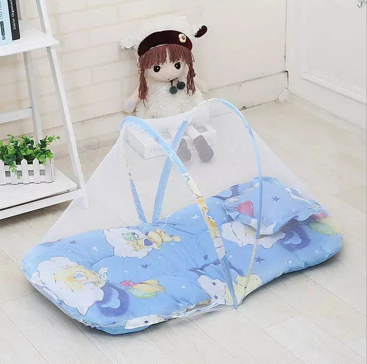 Blue Portable 3-in-1 Mosquito Net Set with Soft Sleep Pad & Pillow - Foldable Pop-Up Travel Bassinet for Infants, Breathable Shield for Indoor & Outdoor Use Wholesale Hub