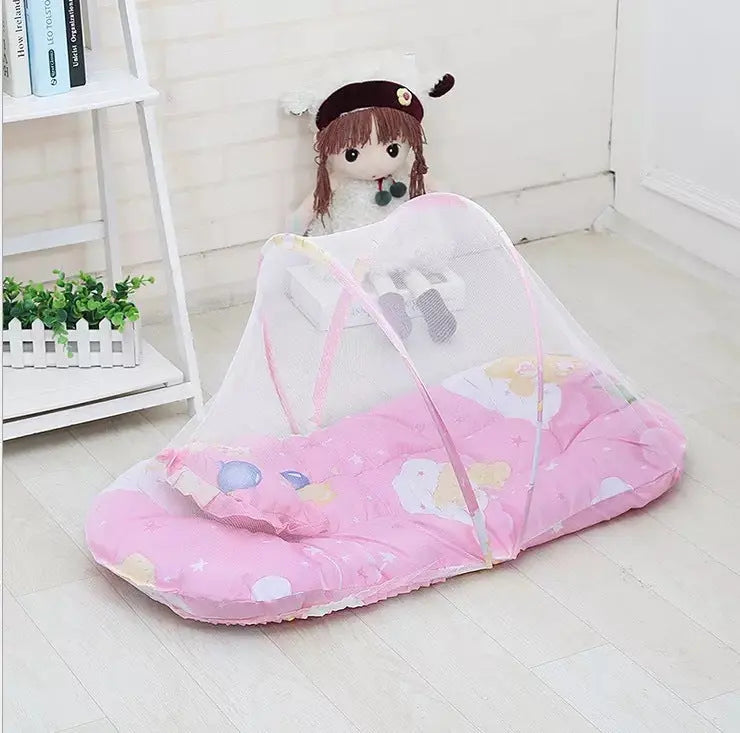 Pink Portable 3-in-1 Mosquito Net Set with Soft Sleep Pad & Pillow - Foldable Pop-Up Travel Bassinet for Infants, Breathable Shield for Indoor & Outdoor Use Wholesale Hub